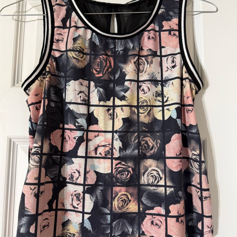 Floral Grid Tank Top - Pink, Black & Cream